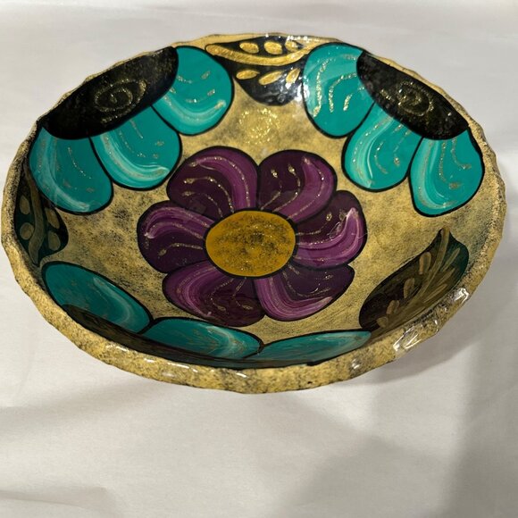 Los Cabos Other - Unsigned Mexican Los Cabos tan teal purple gold footed pottery floral 9.5” dish